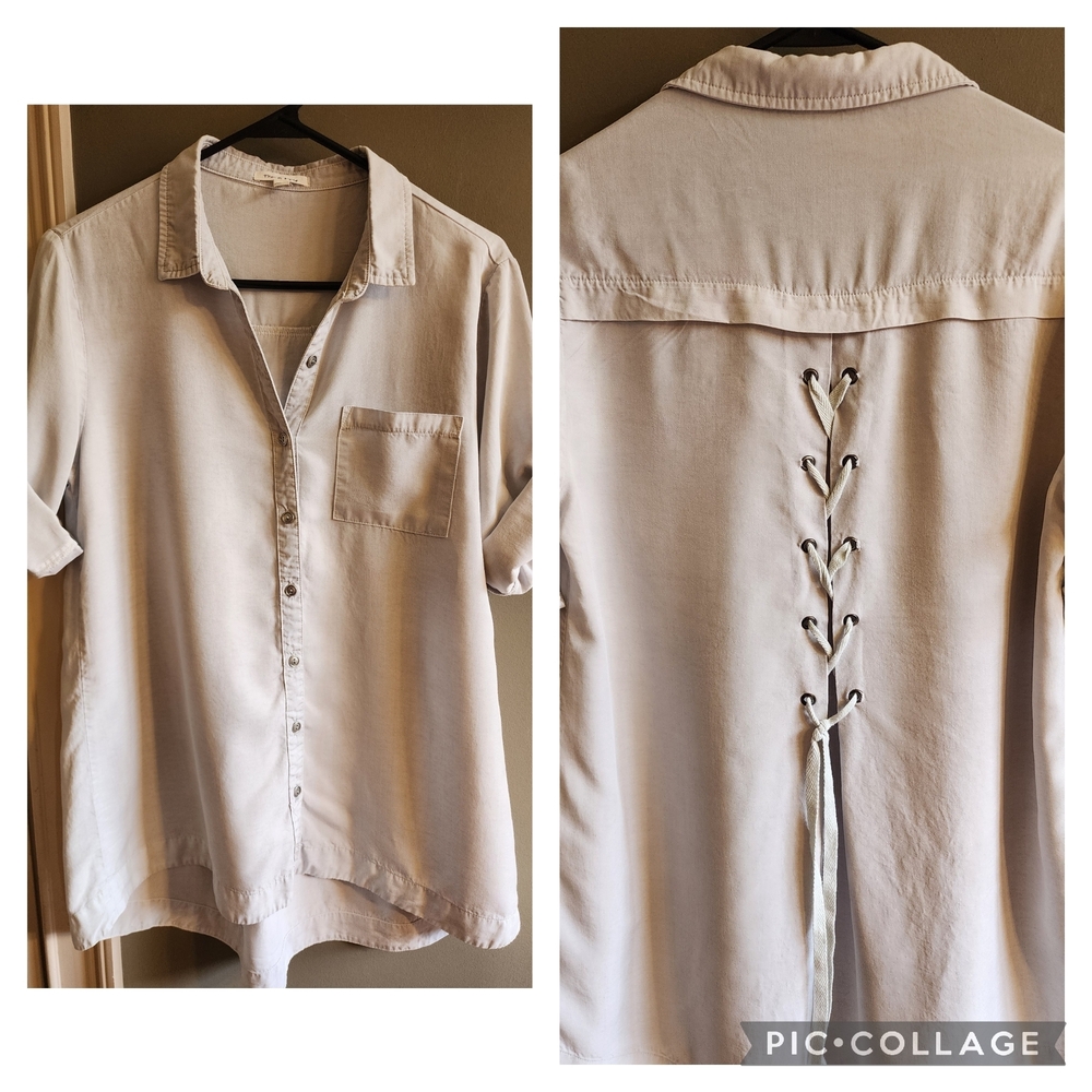 Tea n Rose Women's Shirt Top Light Gray Button-up With Boho Lace Up Back Size M
